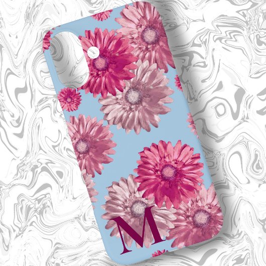 Roze Gerbera Daisy Bloemen op Lichtblauwe Bloemen Case-Mate iPhone Case