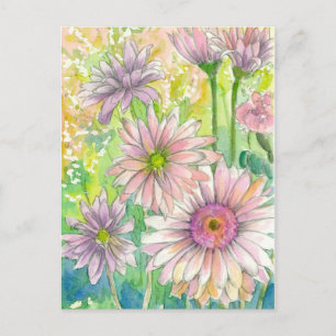 Roze Gerbera Daisy Boeket Waterverf Bloemen Art Briefkaart