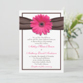 Roze Gerbera Daisy Brown Ribbon Wedding Invitation Kaart (Staand voorkant)
