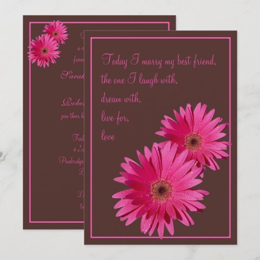 Roze Gerbera Daisy Brown Wedding Invitation Kaart (Voorkant / Achterkant)