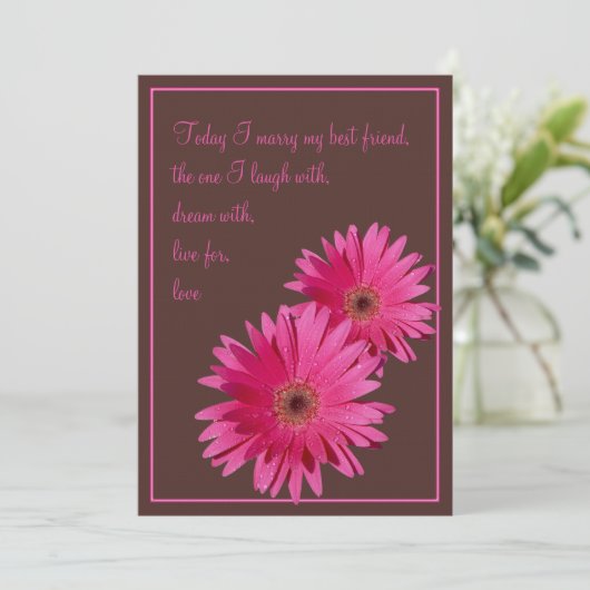 Roze Gerbera Daisy Brown Wedding Invitation Kaart (Staand voorkant)