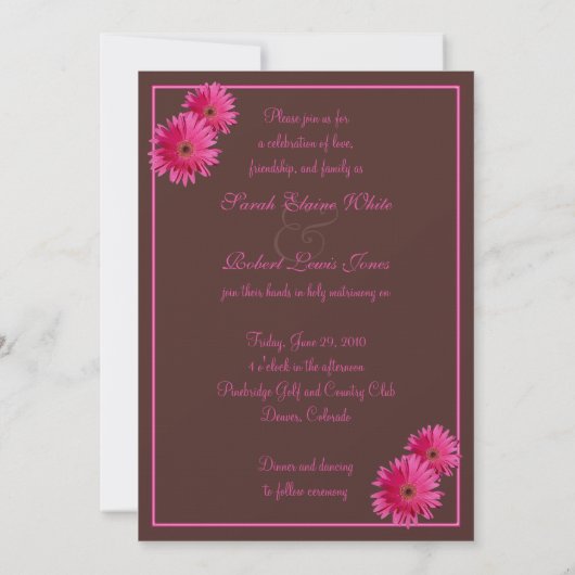 Roze Gerbera Daisy Brown Wedding Invitation Kaart (Achterkant)