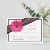 Roze Gerbera Daisy Bruine Lint Trouw Antwoordkaart RSVP Kaartje (Staand voorkant)