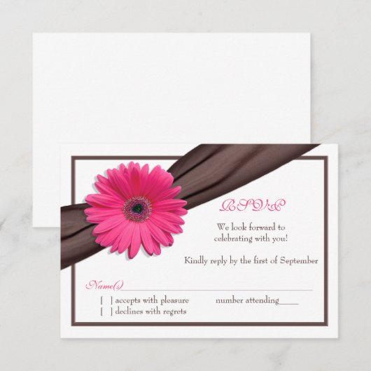 Roze Gerbera Daisy Bruine Lint Trouw Antwoordkaart RSVP Kaartje (Voorkant / Achterkant)