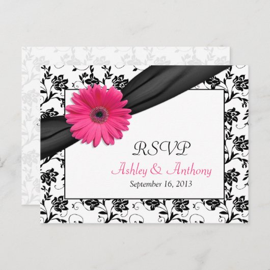 Roze Gerbera Daisy Damask Bruiloft RSVP Briefkaart (Voorkant / Achterkant)