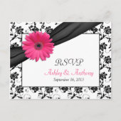 Roze Gerbera Daisy Damask Bruiloft RSVP Briefkaart (Voorkant)
