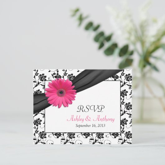 Roze Gerbera Daisy Damask Bruiloft RSVP Briefkaart (Staand voorkant)