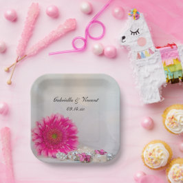 Roze Gerbera Daisy en Buttonnen bruiloft Papieren Bordje