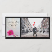 Roze Gerbera Daisy en Buttonnen bruiloft Save The Date (Voorkant)
