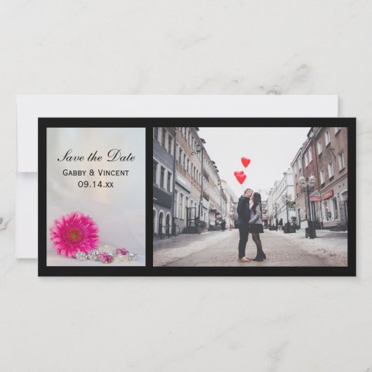 Roze Gerbera Daisy en Buttonnen bruiloft Save The Date (Voorkant)