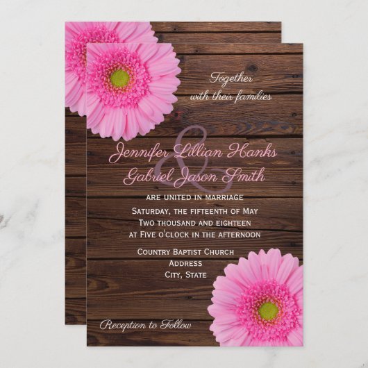 Roze gerbera daisy floral rustious wood bruiloft kaart (Voorkant / Achterkant)