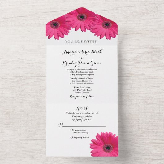 Roze Gerbera Daisy Floral Wedding RSVP All In One Uitnodiging (Binnen)