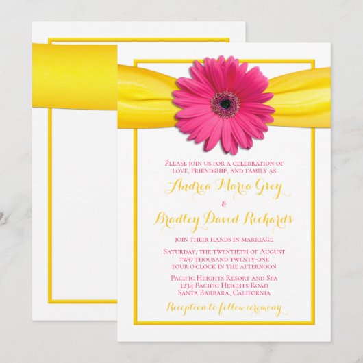 Roze Gerbera Daisy Flower Yellow Ribbon Wedding Kaart (Voorkant / Achterkant)