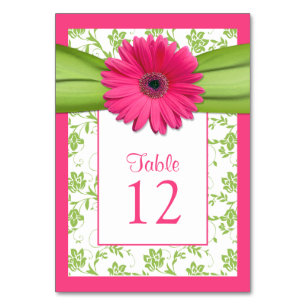 Roze Gerbera Daisy Green Damask Tafelnummer Kaart
