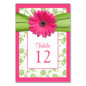 Roze Gerbera Daisy Green Damask Tafelnummer Kaart (Voorkant)