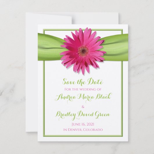 Roze Gerbera Daisy Green Ribbon sparen de Datum Save The Date (Voorkant)