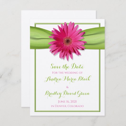 Roze Gerbera Daisy Green Ribbon sparen de Datum Save The Date (Voorkant / Achterkant)