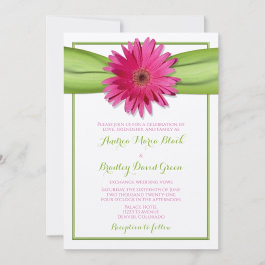 Roze Gerbera Daisy Green Ribbon Wedding Invitation Kaart (Voorkant)