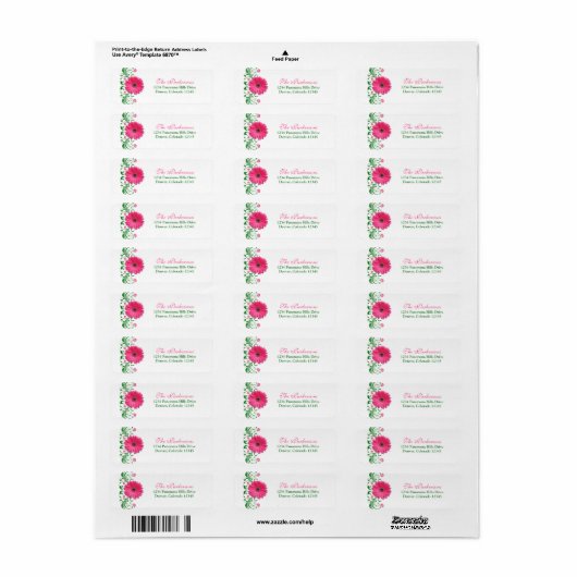 Roze Gerbera Daisy Groen Bloemen Bruiloft Adres Etiket (Full Sheet)