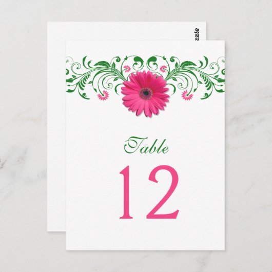 Roze Gerbera Daisy Groene Bloemen Tafel Nummer Kaa Briefkaart (Voorkant / Achterkant)