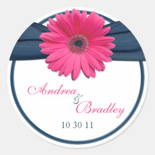 Roze Gerbera Daisy Marine Blauw Bruiloft Ronde Sticker