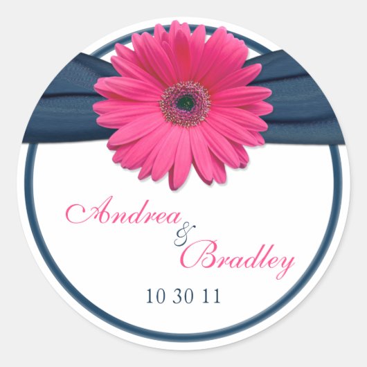 Roze Gerbera Daisy Marine Blauw Bruiloft Ronde Sticker (Voorkant)