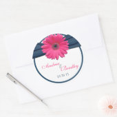Roze Gerbera Daisy Marine Blauw Bruiloft Ronde Sticker (Envelop)