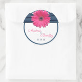 Roze Gerbera Daisy Marine Blauw Bruiloft Ronde Sticker (Tas)