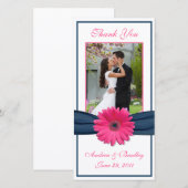 Roze Gerbera Daisy Navy Ribbon Wedding Bedankt (Voorkant / Achterkant)