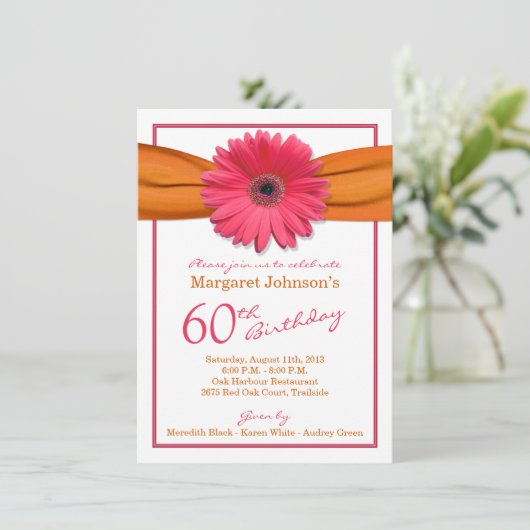 Roze Gerbera Daisy Oranje Ribbon 60th Birthday Kaart (Staand voorkant)