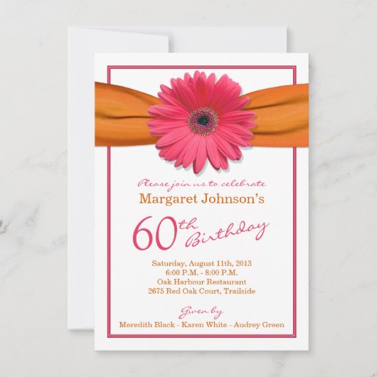 Roze Gerbera Daisy Oranje Ribbon 60th Birthday Kaart (Voorkant)