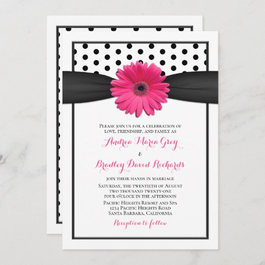 Roze Gerbera Daisy Polka Dot Wedding Uitnodiging (Voorkant / Achterkant)