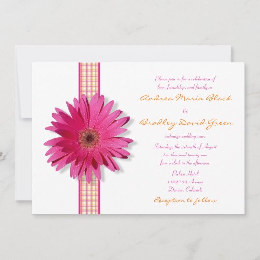 Roze Gerbera Daisy Pset Ribbon Wedding Invitation Kaart (Voorkant)
