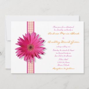 Roze Gerbera Daisy Pset Ribbon Wedding Invitation Kaart