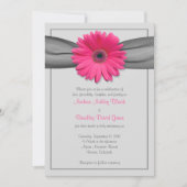 Roze Gerbera Daisy Silver Gray Ribbon Uitnodiging (Voorkant)