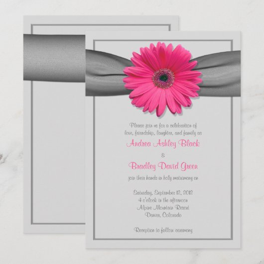 Roze Gerbera Daisy Silver Gray Ribbon Uitnodiging (Voorkant / Achterkant)