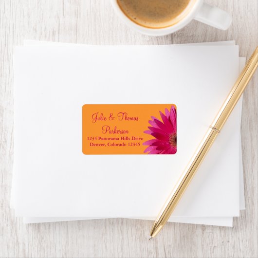 Roze Gerbera Daisy Sinaasappel bruiloft Adresetike Etiket (Insitu)