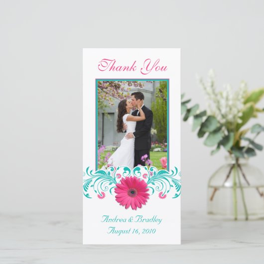 Roze Gerbera Daisy Turquoise Bloemen Dank u Bedankkaart (Staand voorkant)