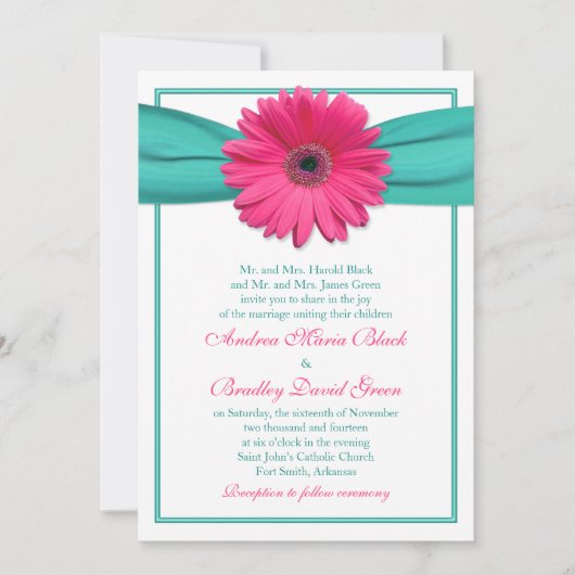 Roze Gerbera Daisy Turquoise Ribbon Wedding Kaart (Voorkant)