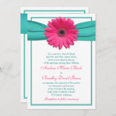 Roze Gerbera Daisy Turquoise Ribbon Wedding Kaart (Voorkant / Achterkant)