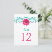 Roze Gerbera Daisy Turquoise Tafelnummer Kaart (Staand voorkant)