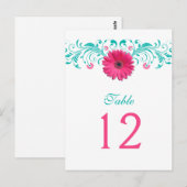 Roze Gerbera Daisy Turquoise Tafelnummer Kaart (Voorkant / Achterkant)
