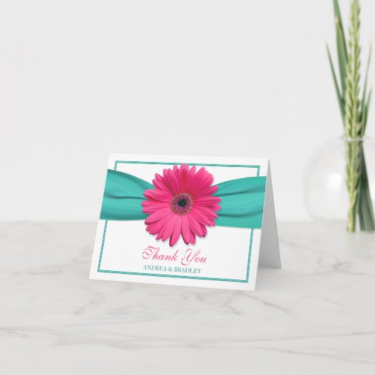 Roze Gerbera Daisy Turquoise Trouw Verlovings Dank Bedankkaart (Voorkant)