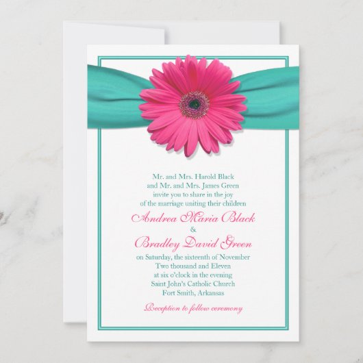 Roze Gerbera Daisy Turquoise Wedding Invitation Kaart (Voorkant)