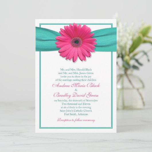 Roze Gerbera Daisy Turquoise Wedding Invitation Kaart (Staand voorkant)