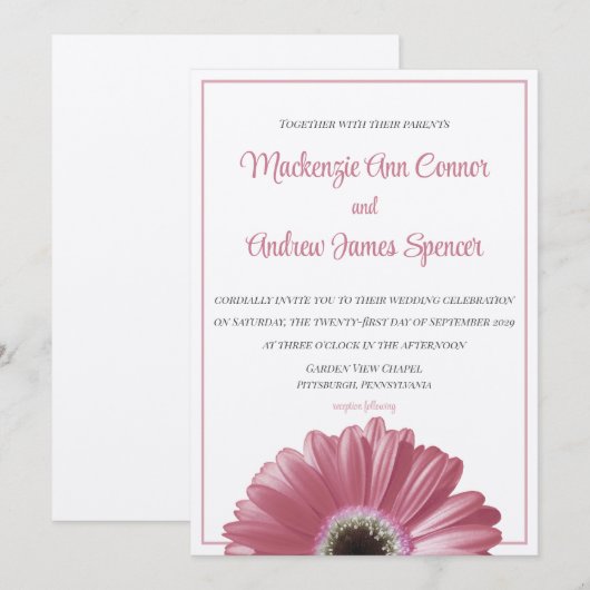 Roze Gerbera Daisy Wedding Invitation Kaart (Voorkant / Achterkant)
