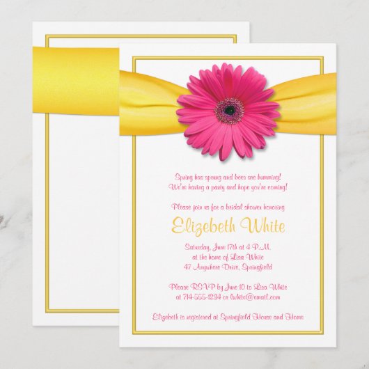 Roze Gerbera Daisy Yellow Ribbon Vrijgezellenfeest Kaart (Voorkant / Achterkant)
