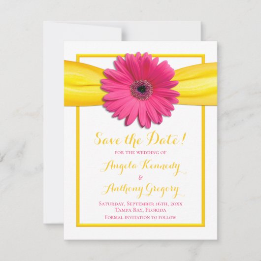 Roze Gerbera Daisy Yellow Ribbon Wedding Save The Date (Voorkant)