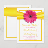 Roze Gerbera Daisy Yellow Ribbon Wedding Save The Date (Voorkant / Achterkant)
