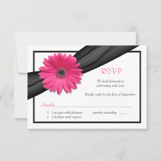Roze Gerbera Daisy Zwart Lint Reageer RSVP Kaart (Voorkant)